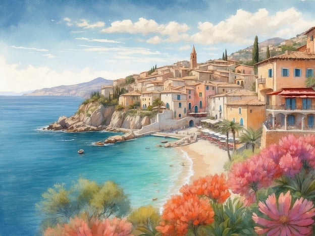 Auf dem Bild ist eine malerische Küstenlandschaft zu sehen, die die Schönheit von Positano widerspiegelt. Die sanft geschwungene Küste wird von einer Reihe bunter Häuser gesäumt, die auf den Steilhängen thronen. Im Vordergrund blühen prächtige Blumen, während das glitzernde Wasser des Meeres sanft an den Strand plätschert. Ein kleiner Boot ist auf dem Wasser zu erkennen, was das idyllische Urlaubsgefühl unterstreicht. Die Kombination aus blauen Himmel, strahlendem Wasser und lebhaften Farben vermittelt eine Atmosphäre von Ruhe und Schönheit.