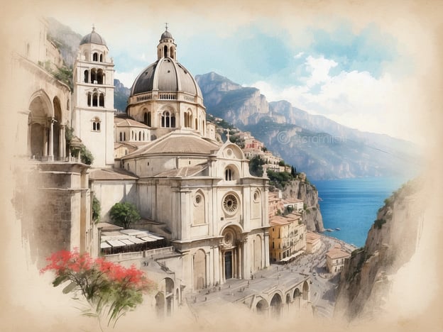 Auf dem Bild ist die Kathedrale von Amalfi zu sehen, die majestätisch an einem Berghang thront. Sie ist umgeben von einer beeindruckenden Landschaft, die das Blau des Meeres und die grünen Berge zeigt. Die Architektur der Kathedrale ist geprägt von wunderschönen Details, Türmen und einer markanten Kuppel. Es vermittelt den Eindruck von historischer Bedeutung und städtischem Charme, ideal für einen Besuch, um die Kathedrale von Amalfi zu besichtigen.