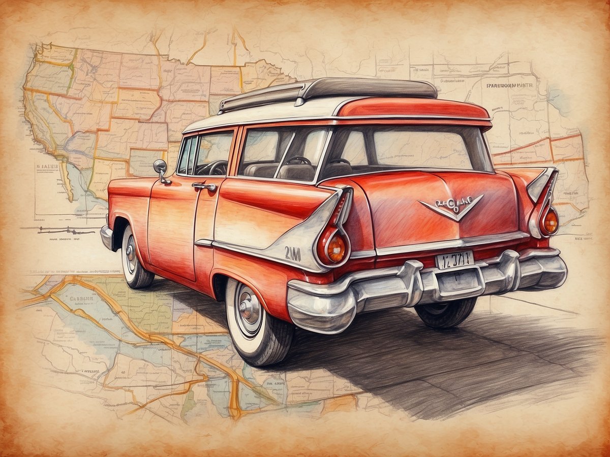 Ein klassischer, rot-weißer Kombi steht auf einer alten Landkarte, die im Hintergrund sichtbar ist. Der Wagen ist von hinten zu sehen und hebt sich durch seine nostalgische Form und den charismatischen Stil hervor. Die Karte zeigt verschiedene Routen und geografische Details, die für die Planung eines Roadtrips relevant sind. Die Farbgebung und die Detailliertheit der Zeichnung verleihen dem Bild eine einladende, abenteuerliche Atmosphäre.