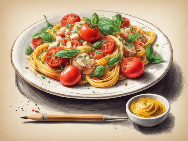 Auf dem Bild ist ein köstlicher Teller voller Spaghetti zu sehen, garniert mit frischen Tomaten und Basilikum. Die leuchtenden roten Tomaten bringen Farbe und Frische in das Gericht, während das grüne Basilikum einen aromatischen Duft verleiht. Dazu gibt es eine kleine Schüssel mit einer goldenen Sauce, die wahrscheinlich aus Olivenöl und Gewürzen besteht. Dieses Gericht verkörpert die einfache, aber schmackhafte italienische Küche, die für ihre hochwertigen Zutaten und Aromen bekannt ist. Ein kulinarisches Erlebnis, das jeden Italienliebhaber begeistert!