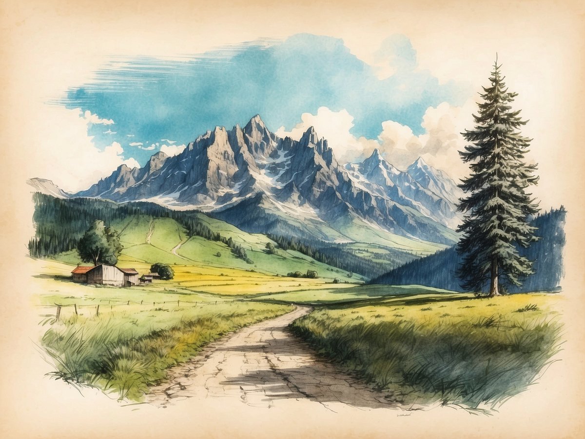 Eine malerische Landschaft im Schwarzwald zeigt majestätische Berge im Hintergrund, umgeben von sanften Hügeln und saftigen Wiesen. In der Mitte des Bildes verläuft ein gewundener Weg, der zu einer kleinen, rustikalen Almhütte mit rotem Dach führt. Rechts steht ein hoher, schlanker Nadelbaum, der dem Bild eine natürliche Note verleiht. Der Himmel ist blau mit einigen weißen Wolken, die die friedliche Atmosphäre der ländlichen Umgebung unterstreichen.