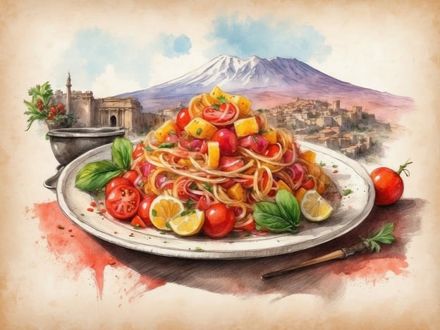 Auf dem Bild ist eine köstliche Portion Pasta zu sehen, die mit frischen Tomaten, Zitronenstücken und Basilikum garniert ist. Dies erinnert an die traditionelle sizilianische Küche, die reich an frischen und regionalen Zutaten ist. 

Ein Erlebnis auf Sizilien könnte eine Teilnahme an einem Kochkurs sein, wo man lernt, solche Gerichte zuzubereiten. Zudem könnte man die malerischen Küstenorte wie Taormina oder die Stadt Catania besuchen, die im Hintergrund sichtbar ist und in der Nähe des beeindruckenden Ätna liegt. Hier kann man die lokale Gastronomie genießen und die atemberaubende Landschaft erkunden.