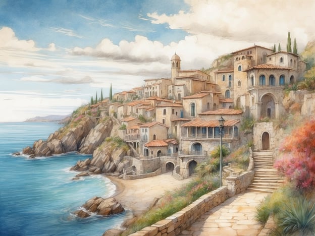 Auf dem Bild ist eine malerische Küstenlandschaft zu sehen, die an Taormina erinnert. Die Architektur zeigt eine Mischung aus historischen Gebäuden mit roten Ziegeldächern, die an die typischen Bauweisen in der Umgebung erinnern. Die steilen Klippen und das blaue Wasser bieten einen beeindruckenden Ausblick, während bunte Blumen und Grünflächen die Szenerie verschönern. Es vermittelt eine friedliche, mediterrane Atmosphäre.