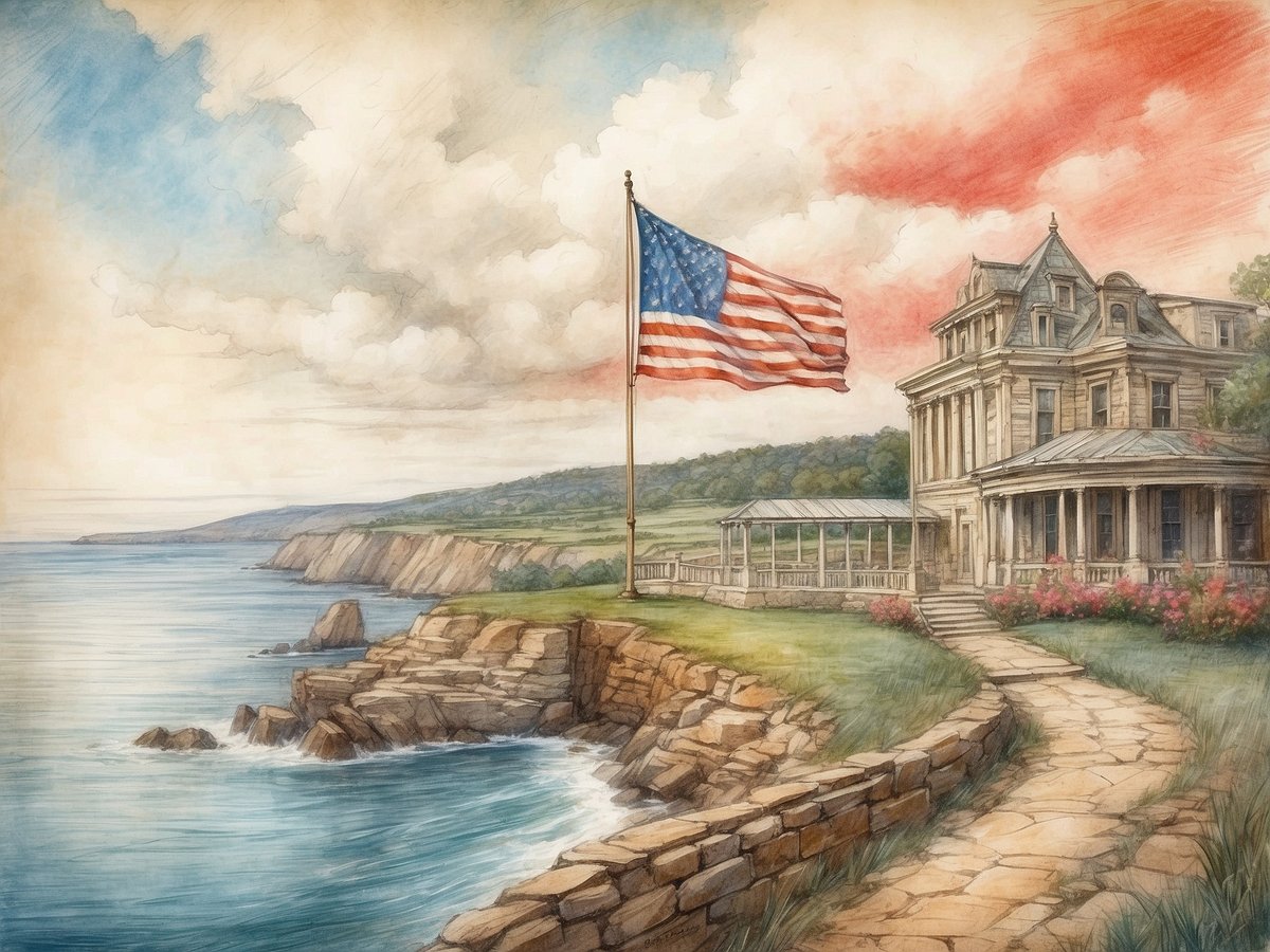 Eine malerische Küstenlandschaft mit einer historischen Villa, die an den Klippen steht. Eine große amerikanische Flagge weht im Wind. Der Blick erstreckt sich über das ruhige Wasser des Ozeans, während sanfte Wellen gegen die Felsen schlagen. Der Himmel ist von atemberaubenden Wolkenformationen geprägt und zeigt einen Mix aus hellen und sanften Farbtönen. Der gepflegte Garten der Villa ist mit bunten Blumen versehen, und ein gewundener Weg führt zur Veranda der Haustür. Im Hintergrund erstreckt sich eine grüne Hügellandschaft.