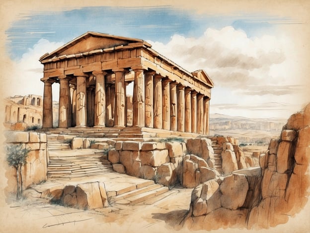 Auf dem Bild ist ein antiker Tempel zu sehen, der von majestätischen Säulen umgeben ist. Diese Architektur erinnert an die faszinierende Geschichte von Agrigento, einer Stadt auf Sizilien, die für ihre gut erhaltenen Tempel bekannt ist. Diese Ruinen sind Zeugen der griechischen Kultur und zeigen die beeindruckenden Baukünste jener Zeit. Erlebe die faszinierende Geschichte von Agrigento und entdecke die Wunder, die diese historische Stätte zu bieten hat!