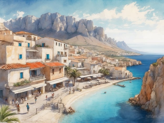 Auf dem Bild ist ein malerisches Küstendorf zu sehen, das an das charmante San Vito Lo Capo erinnert. Die Küste ist von kristallklarem Wasser umgeben, während die bunten Gebäude mit Terrakottadächern sanft an den Hang gebaut sind. Im Vordergrund sind Spaziergänger zu sehen, die die entspannte Atmosphäre genießen, und im Hintergrund erheben sich majestätische Berge. Dieses Bild vermittelt das Gefühl eines friedlichen, sonnigen Tages an der Küste.