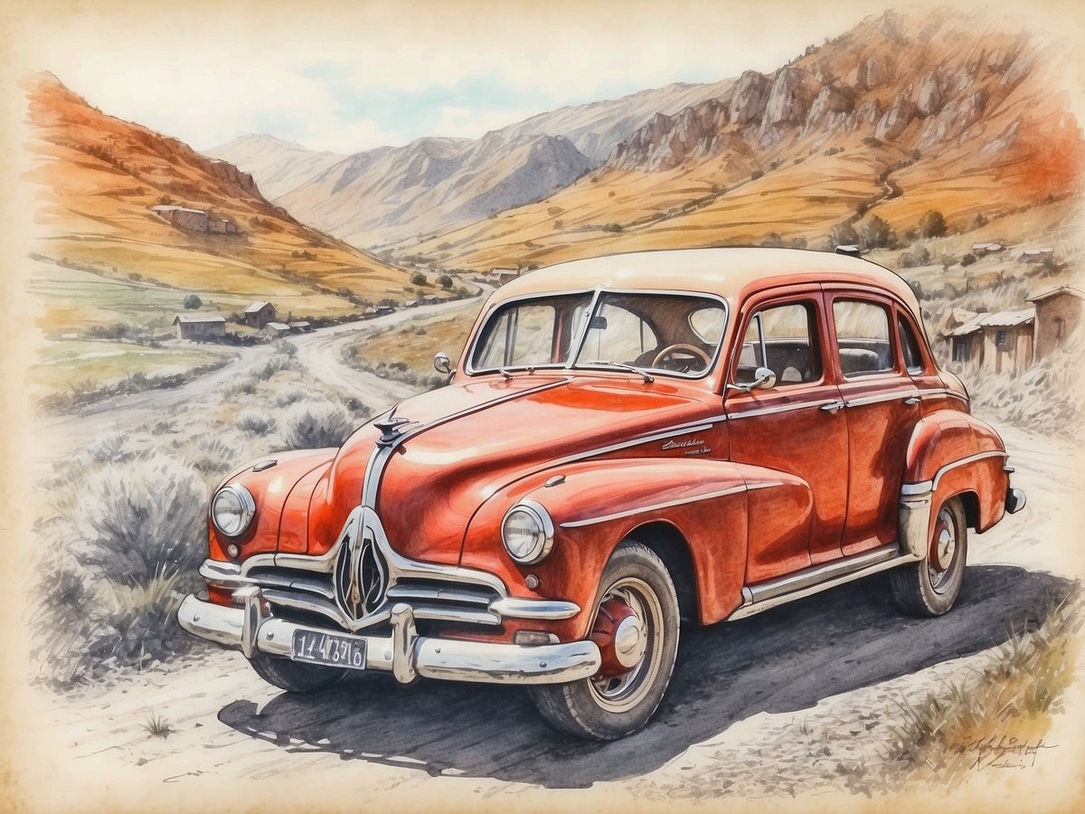 Ein vintage roter Oldtimer steht auf einem kurvigen Landweg in einer malerischen Umgebung. Die Landschaft ist geprägt von sanften Hügeln und Bergen im Hintergrund, die in sanften Erdtönen gehalten sind. Auf der rechten Seite sind einige einfache, rustikale Gebäude zu sehen, während im Vordergrund der glänzende Lack des Autos im Sonnenlicht reflektiert. Das Bild vermittelt ein Gefühl von Abenteuer und Nostalgie, ideal für einen Roadtrip durch die unberührte Natur des Balkans.