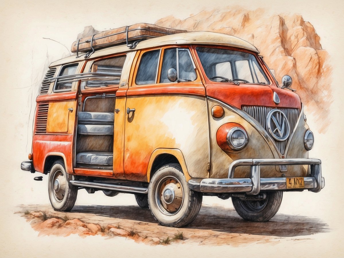 Auf dem Bild ist ein klassischer Volkswagen Bulli zu sehen, der in einem warmen Orangeton und hellem Beige lackiert ist. Der Bulli steht auf einem staubigen Untergrund, umgeben von einer felsigen Landschaft. Die Schiebetür ist geöffnet, die Sitzbank ist gut sichtbar. Auf dem Dach des Fahrzeugs ist ein Gepäckträger montiert. Dieser Bulli symbolisiert das Gefühl von Freiheit und Abenteuer, das beim Roadtrip entsteht. Ein Roadtrip bezeichnet eine Reise mit dem Auto, oft in einer Gruppe, um verschiedene Orte zu erkunden und neue Erfahrungen zu sammeln.