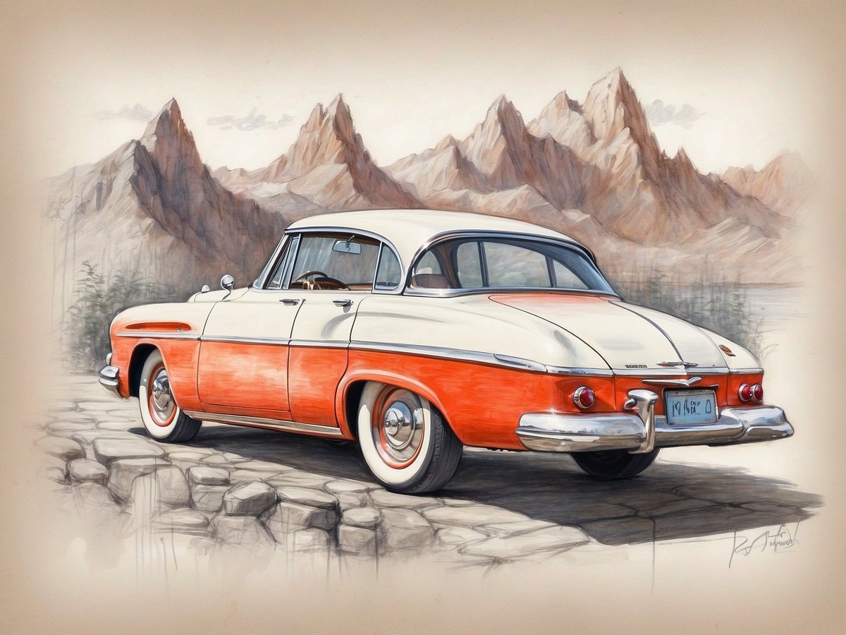Auf dem Bild ist ein klassisches Auto in einem auffälligen orange-weißen Design zu sehen. Es steht auf einer Steinmauer und blickt auf eine beeindruckende Berglandschaft im Hintergrund. Die Berge sind schroff und felsig, während der Himmel leicht bewölkt ist. Das Auto hat runde Scheinwerfer und eine glänzende Chromverzierung, was auf seinen Vintage-Charakter hinweist. Das gesamte Bild vermittelt eine nostalgische Atmosphäre.