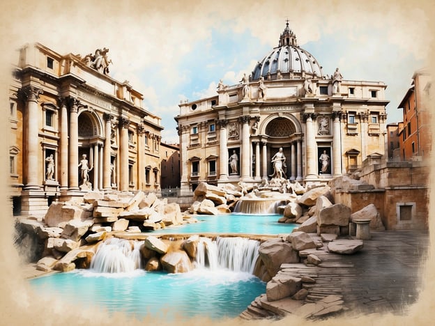 Auf dem Bild ist die berühmte **Fontana di Trevi** in Rom zu sehen. Diese beeindruckende Barockbrunnenanlage ist bekannt für ihre spektakulären Skulpturen und das klare, blaue Wasser. Im Hintergrund sieht man architektonische Elemente, die typisch für die Umgebung rund um die Fontäne sind. Die Fontana di Trevi ist ein beliebtes Ziel für Touristen, die traditionell eine Münze hineinwerfen, um eine Rückkehr nach Rom zu sichern.