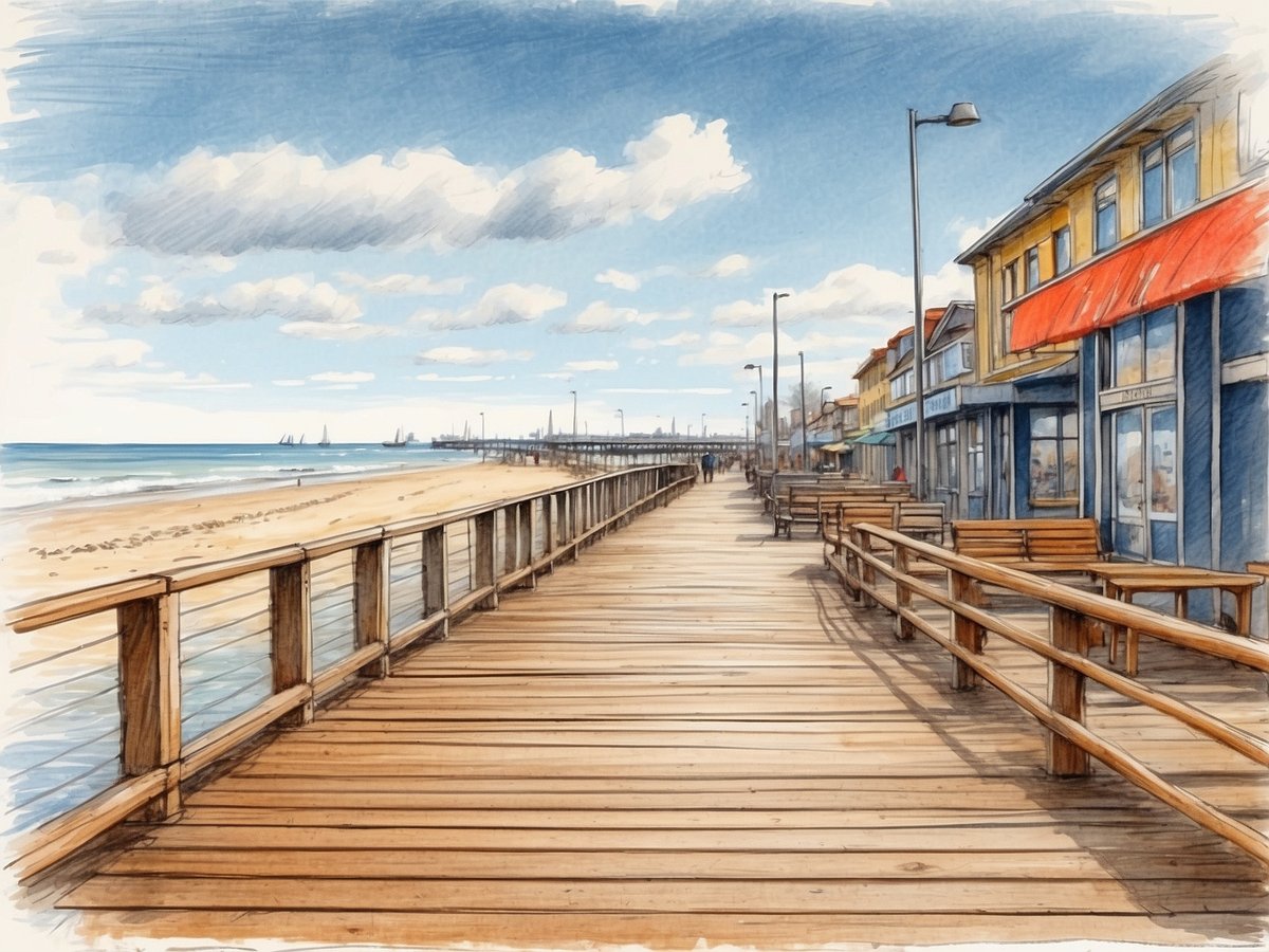 Ein malerischer Holzsteg führt entlang der Küste von Niendorf an der Ostsee. Auf der linken Seite erstreckt sich der feine Sandstrand, während das glitzernde Wasser der Ostsee sanft an das Ufer plätschert. Rechts sind farbenfrohe Strandpromenadenhäuser mit großen Fenstern und roten Dächern zu sehen. Bänke laden zum Verweilen ein, und der Himmel ist teils bewölkt, was eine ruhige Atmosphäre schafft. In der Ferne sind vereinzelt Segelboote sichtbar, die auf dem Wasser fahren.