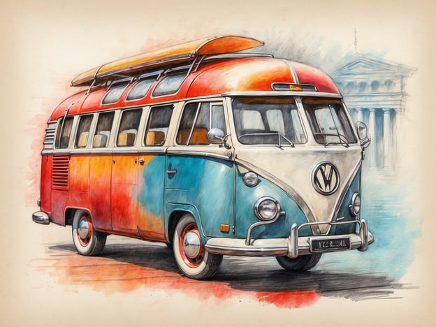 Auf dem Bild ist ein bunt lackierter Volkswagen-Bus zu sehen, der durch seine auffällige Farbgebung ins Auge fällt. Der Bus hat auch ein Surfbrett auf dem Dach. Im Hintergrund sind architektonische Elemente zu erkennen, die an die historischen Gebäude Roms erinnern. Die Bevölkerung Roms könnte sich in der Umgebung befinden, wobei der Bus möglicherweise Freizeitaktivitäten oder Strandfahrten symbolisiert.