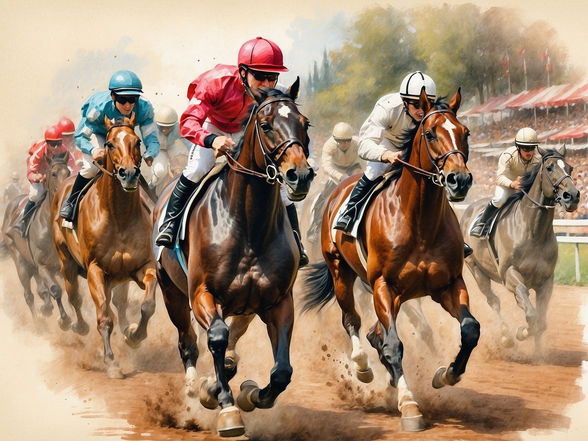 Eine Gruppe von Reitern in farbigen Jockey-Outfits, die auf ihren Pferden ein spannendes Rennen auf einer Rennbahn absolvieren. Staub steigt auf, während die Pferde mit hoher Geschwindigkeit galoppieren. Im Hintergrund sind Zuschauer auf Tribünen zu sehen, die dem Wettkampf aufmerksam folgen. Die Szenerie vermittelt eine dynamische und aufregende Atmosphäre des Pferderennsports.