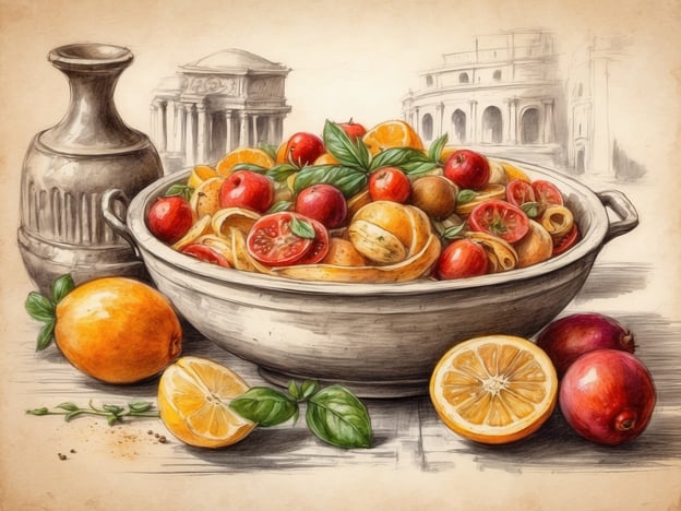 Auf dem Bild ist eine Schüssel voller frischer Zutaten zu sehen, die typisch für die italienische Küche sind. Diese kulinarischen Genüsse Roms könnten eine farbenfrohe Mischung aus Tomaten, Orangen und anderen Früchten darstellen, angereichert mit frischem Basilikum. Die strahlenden Farben der Zutaten erinnern an die Vielfalt und Frische der römischen Märkte. Dazu könnte man vielleicht ein klassisches Gericht wie Pasta mit einer aromatischen Tomatensoße und Zitrusnoten vorstellen, das die Aromen der Region perfekt einfängt.