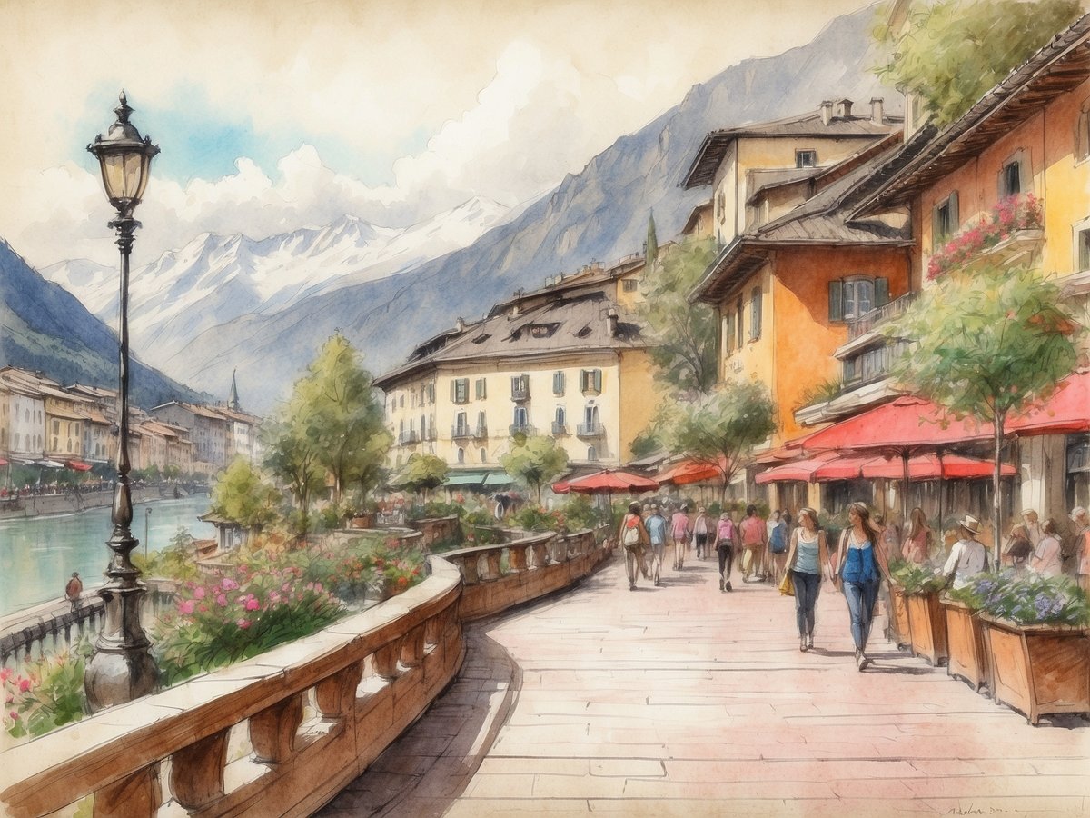 Eine malerische Ansicht der Gilfpromenade in Meran mit blühenden Blumenrabatten und geschmackvoll gestalteten Cafés. Die promenade wird von alten Gebäuden gesäumt, die in warmen Farben leuchten. Im Hintergrund erheben sich majestätische Berge unter einem klaren Himmel. Spaziergänger flanieren entlang der Uferpromenade, und einige sitzen entspannt unter roten Sonnenschirmen. Die sanfte Reflexion des Wassers ergänzt die idyllische Atmosphäre dieser beliebten Flaniermeile.