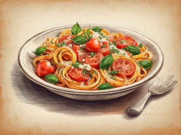 Auf dem Bild ist eine köstliche Portion Pasta zu sehen, die typisch für die kulinarische Vielfalt Roms ist. Die Spaghetti sind mit frischen, saftigen Tomaten, Basilikumblättern und wahrscheinlich einer leckeren Käsesauce versehen. Dieses Gericht spiegelt die Liebe der römischen Küche zu einfachen, aber geschmackvollen Zutaten wider, die oft frisch und lokal sind. Die Kombination aus aromatischen Kräutern und hochwertigen Tomaten zeigt die mediterrane Esskultur, die in Rom sehr geschätzt wird.