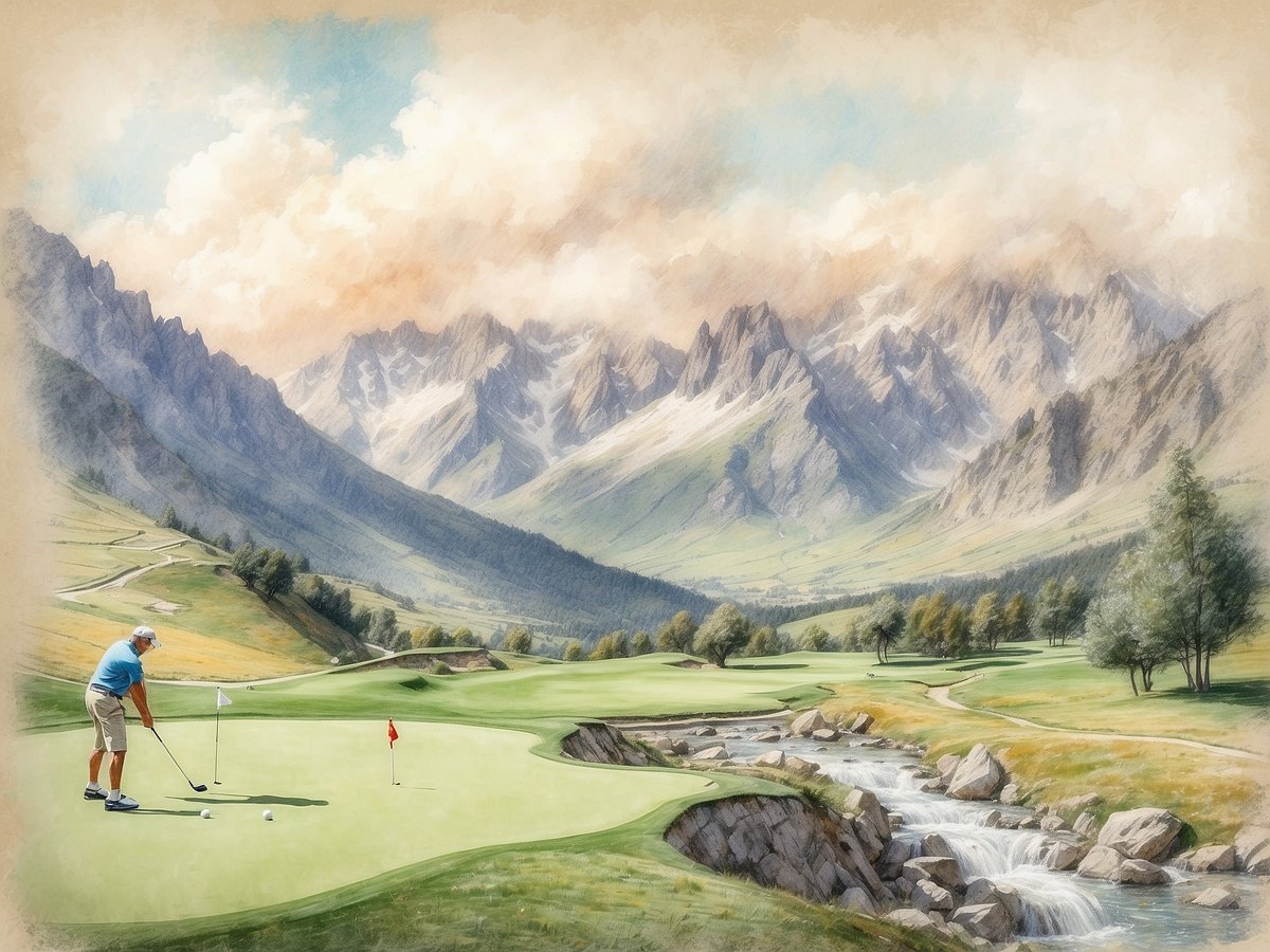 Ein Golfspieler steht an einem Putting-Grün in der malerischen Umgebung der Alpen, umgeben von majestätischen Bergen und sanften Hügeln. Der Himmel ist leicht bewölkt mit sanften Farben, die eine ruhige Atmosphäre schaffen. Im Vordergrund sind das Putting-Grün mit einer weißen und einer roten Fahne sowie zwei Golfbällen sichtbar. Im Hintergrund erstrecken sich die beeindruckenden Alpen, während ein kleiner Bach über Steine fließt und die idyllische Landschaft ergänzt.