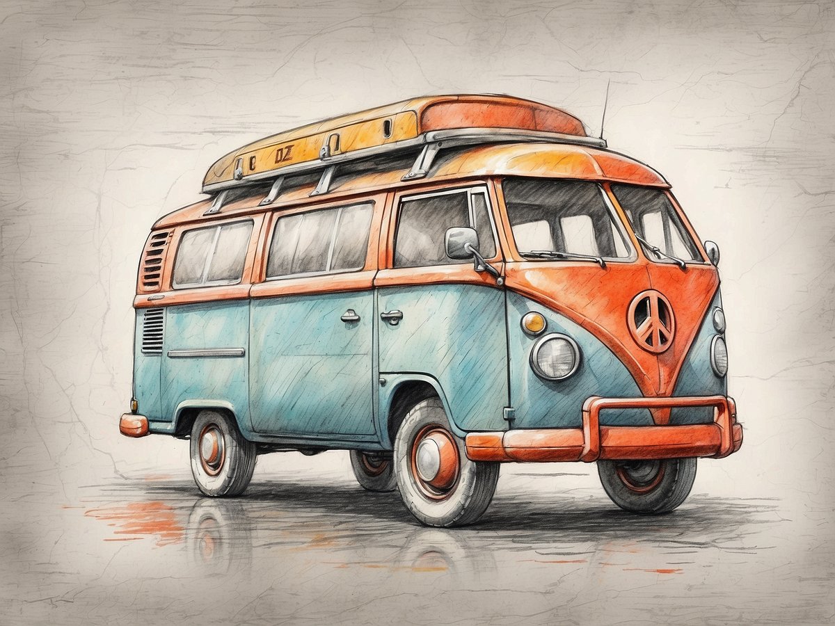 Ein buntes und detailliertes Zeichnung eines klassischen VW-Busses, der orange und türkisfarben ist. Der Bus hat ein markantes Peace-Zeichen auf der Vorderseite und einen Dachträger. Die Zeichnung zeigt die Seitenansicht des Wagens, der auf einem leicht strukturierten Hintergrund steht.