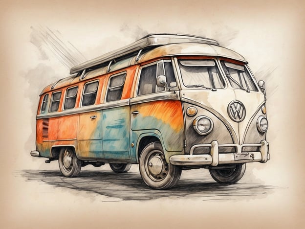 Auf dem Bild ist ein liebevoll gezeichneter VW-Bus zu sehen. Der Bus, der in einer kreativen Wasserfarbentechnik dargestellt ist, hat eine auffällige Farbgebung mit orange, blau und weiß. Er zeigt die charakteristischen Merkmale des klassischen Volkswagen Busses, einschließlich der großen Fenster und der runden Scheinwerfer. Das Gesamtbild strahlt einen nostalgischen Charme aus und erinnert an Reisen und Abenteuer.