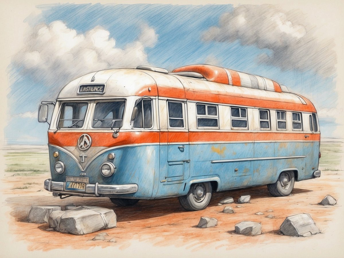 Ein nostalgischer Reisebus in blau und orange steht auf einem staubigen Boden, umgeben von großen Steinen. Der Bus hat runde Scheinwerfer und ein typisches Design, das an vergangene Zeiten erinnert. Der Himmel ist teilweise bewölkt, und die Landschaft im Hintergrund wirkt weit und offen. Auf dem Bus ist ein Schild mit der Aufschrift EASTUNCE zu sehen.