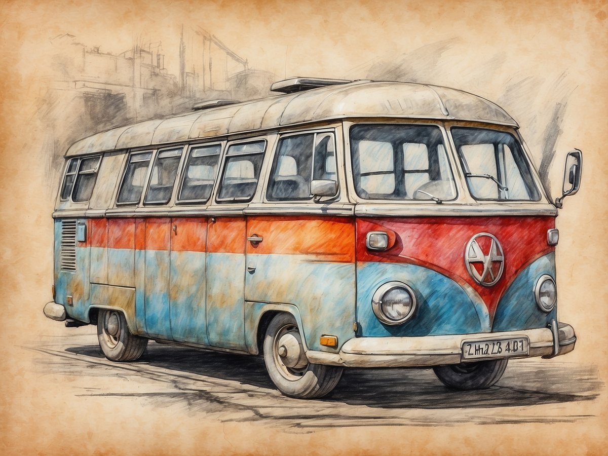 Ein bunt bemalter Oldtimer-Bus steht vor einem entspannten Hintergrund. Der Bus hat eine charakteristische Form mit großen Fenstern und einem markanten Kühlergrill. Die Farben des Fahrzeugs sind vorwiegend blau und rot, mit einem leicht verblassten Erscheinungsbild, das seine Vintage-Ästhetik unterstreicht. Die Szene vermittelt ein nostalgisches Gefühl und erinnert an Reisen in der Vergangenheit.