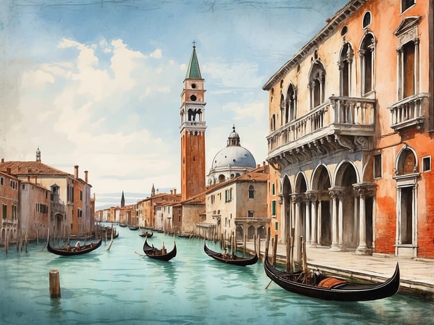 Auf dem Bild ist eine malerische venezianische Szenerie zu sehen, die an die Gründung von Venedig erinnert. Die Architektur der Gebäude und die typischen Gondeln, die auf dem klaren Wasser treiben, vermitteln das Gefühl von Geschichte und Tradition. Im Hintergrund sind Türme und Kuppeln, die das charakteristische Stadtbild Venedigs prägen. Die sanften Farben und der Himmel tragen zur romantischen Atmosphäre dieser einzigartigen Stadt bei.