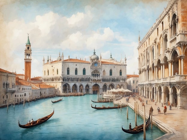 Auf dem Bild ist eine malerische Darstellung der Lagunenstadt Venedig in der Blütezeit der Republik Venedig zu sehen. Die Architektur spiegelt den prachtvollen Stil dieser Epoche wider, erkennbar an den eleganten Gebäuden mit venezianischen Bögen und Verzierungen. Im Vordergrund sieht man traditionell in Venedig eingesetzte Gondeln, die die Hauptverkehrsmittel auf dem Wasser repräsentieren. Der Dienst an der Kanalkultur und das belebte Treiben der Menschen, die sich entlang der Wasserstraße bewegen, vermitteln ein Gefühl von Vitalität und Reichtum. Die klaren blauen Himmel und das sanfte Licht ergänzen die harmonische, romantische Atmosphäre der Szene.