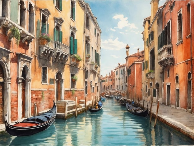 Auf dem Bild ist eine malerische Kanalansicht in Venedig dargestellt. Man sieht enge, farbenfrohe Gebäude mit klassischen venezianischen Balkonen und Fensterläden, die die typisch italienische Architektur widerspiegeln. Im Vordergrund befinden sich Gondeln, die stilvoll im Wasser liegen, was ein символisches Element der venezianischen Kultur darstellt. Der Kanal ist von ruhigem Wasser umgeben, das die Farben der Häuser reflektiert, während im Hintergrund ein kleiner Bogen eine der vielen Brücken zeigt, die Venedig prägen. Diese Szenerie fängt die romantische Atmosphäre der Stadt ein, die für ihre Kunst, Architektur und Kultur weltweit bekannt ist.