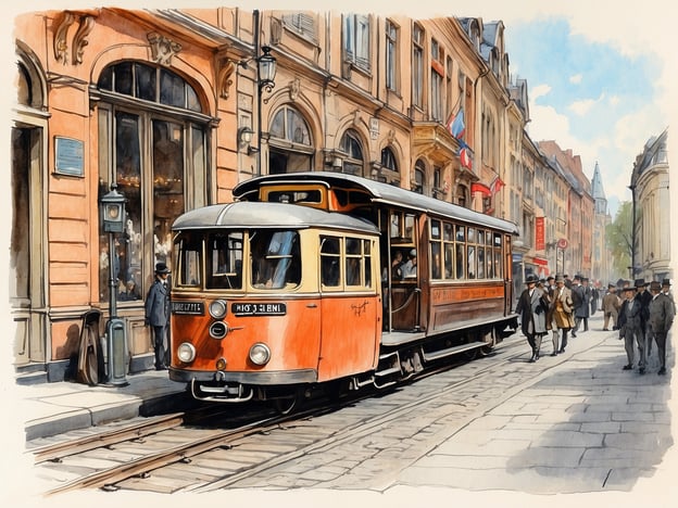 Auf dem Bild ist eine historische Straßenbahn zu sehen, die in einer Stadtstraße unterwegs ist. Die Szenerie wirkt lebhaft, mit Fußgängern, die die Straße entlanggehen. Die Architektur im Hintergrund zeigt verziert gestaltete Gebäude, und es gibt viele Details wie Laternen und Schilder. Diese städtische Umgebung könnte die Atmosphäre eines Besuchs der Krameramtsstuben vermitteln, wo Geschichte und Alltag harmonisch zusammenkommen.