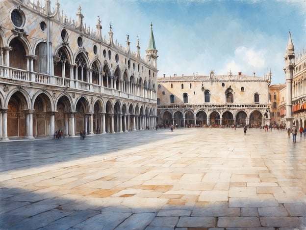 Auf dem Bild ist der Markusplatz (Piazza San Marco) in Venedig zu sehen, mit dem beeindruckenden Dogenpalast (Palazzo Ducale) im Hintergrund. Der Platz ist von prachtvollen, historischen Gebäuden umgeben, die in der venezianischen Architektur gestaltet sind. Der Dogenpalast ist besonders für seine kunstvollen Fenster und die markanten Merkmale bekannt, die die Geschichte Venedigs widerspiegeln.