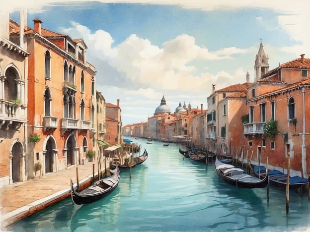 Auf dem Bild ist eine malerische Ansicht eines Kanals in Venedig zu sehen, umgeben von historischen Gebäuden mit orangefarbenen Fassaden und schönen Balkonen. Es gibt mehrere venezianische Gondeln im Wasser, die typisch für die Stadt sind. Diese Szenerie erinnert an die berühmtesten Inseln in Venedig, wie Murano, bekannt für seine Glasbläserei, und Burano, berühmt für die bunten Häuser und die Spitzenherstellung. Das Bild strahlt eine romantische Atmosphäre aus, die für Venedig charakteristisch ist.