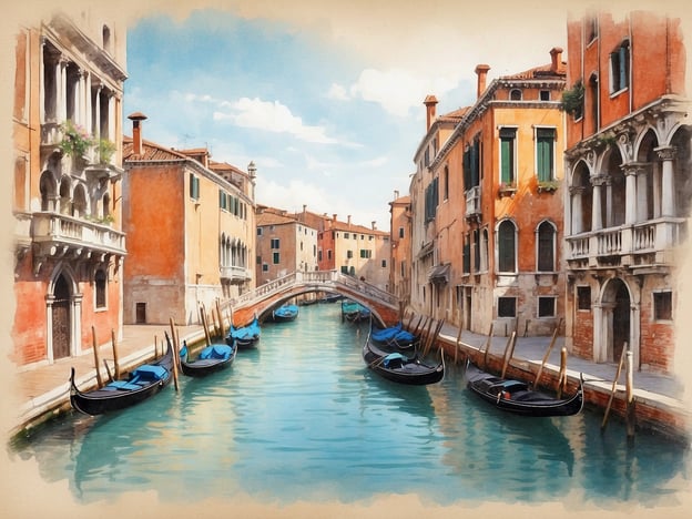 Das Bild zeigt eine malerische Szene aus Venedig, bekannt für ihre versteckten Schätze. Es ist ein lebhafter Kanal, an dem mehrere traditionelle Gondeln festgemacht sind. Die Farben der historischen Gebäude, die das Wasser säumen, strahlen eine warme Atmosphäre aus, während die Bögen der Brücken und die Fassaden mit ihren Fenstern und Balkonen eine Einladung zur Erkundung der versteckten Ecken dieser einzigartigen Stadt darstellen. Der Himmel ist blau mit sanften Wolken, was die Schönheit der venezianischen Architektur und deren romantisches Flair zusätzlich betont.