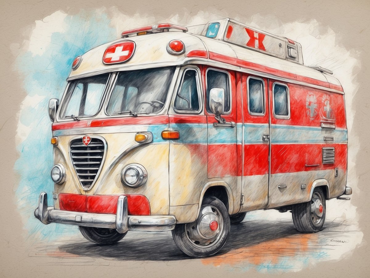 Ein klassischer Krankenwagen in rot-weißer Farbgebung steht auf einer leicht unebenen Straße. Der Wagen hat eine markante Frontpartie mit einem stilisierten Kühlergrill und runden Scheinwerfern. Auf dem Dach befindet sich ein Einsatzlicht und das traditionelle Rote Kreuz-Symbol ist prominent sichtbar. Die lackierte Oberfläche zeigt Anzeichen von Alter, was dem Fahrzeug einen nostalgischen Charakter verleiht. Im Hintergrund sind angedeutete feine, farbige Strukturen, die eine leichte Unschärfe erzeugen und dem Bild eine künstlerische Note verleihen.