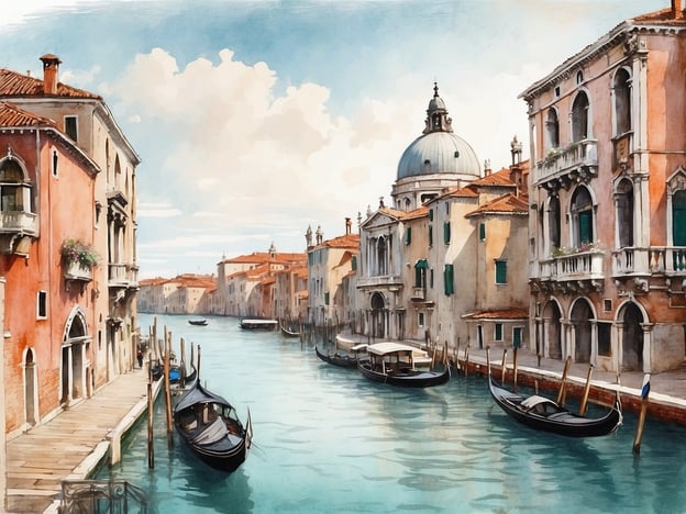 Auf dem Bild ist eine malerische Szene der historischen Altstadt von Venedig zu sehen. Man erkennt schmale Wasserkanäle, umgeben von alten Gebäuden mit klassischen venezianischen Fassaden. Es gibt mehrere Gondeln im Wasser, die typisch für diese Stadt sind. Die Architektur ist geprägt von farbenfrohen Fassaden und schönen Details, während die sanften Wellen des Wassers die ruhige Atmosphäre unterstreichen. Der Himmel ist hell und teilweise bewölkt, was der Szene eine angenehme Lichtstimmung verleiht.