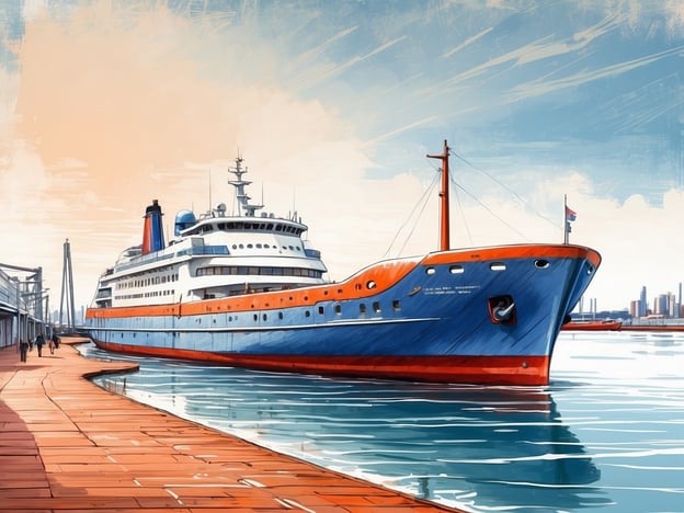 Auf dem Bild ist ein großes, farbenfrohes Schiff zu sehen, das im Hafen vor Anker liegt. Es hat einen weißen, blauen und orangefarbenen Anstrich und ist an einem Ufer angedockt, wo sich auch einige Personen auf einem Gehweg befinden. Im Hintergrund sind einige moderne Gebäude zu erkennen, und der Himmel ist leicht bewölkt.

**Fazit:** Das Bild vermittelt eine maritime Atmosphäre und zeigt ein Schiff, das vermutlich Passagiere oder Fracht transportiert. Die Kombination von Farben und der lebendige Hafen schaffen ein einladendes Bild.

**Ausblick:** Solche Hafenansichten laden dazu ein, über die Bedeutung der Schifffahrt für den Handel und den Tourismus nachzudenken. Zukünftige Entwicklungen in der Schifffahrt könnten noch vielfältigere und nachhaltigere Möglichkeiten des Reisens und Transports bieten.