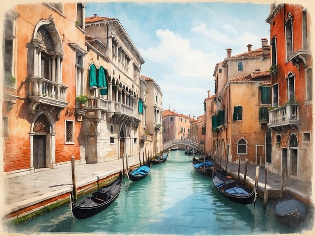 Auf dem Bild ist eine malerische Szene aus Venedig zu sehen. Die Architektur ist typisch für diese Stadt, mit ihren eleganten Gebäuden, die direkt am Wasser gebaut sind. Die Fassaden zeigen verschiedene Stile, darunter gotische und venezianische Renaissance-Elemente. Die charakteristischen Balkone mit Balustraden und grünen Fenstern verleihen dem Bild einen typischen venetianischen Charme. Kanäle und Gondeln sind ebenfalls präsent, was die romantische Atmosphäre Venedigs unterstreicht. Insgesamt vermittelt das Bild ein Gefühl von Ruhe und Schönheit, das die einzigartige Architektur und das Wasserleben der Stadt einfängt.