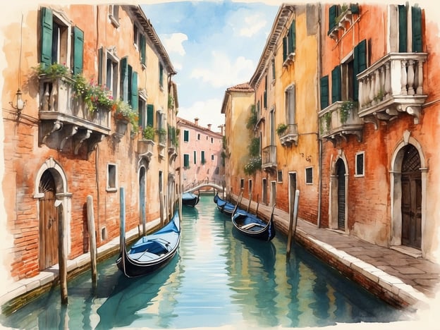 Auf dem Bild ist ein malerischer Wasserweg in Venedig zu sehen. Die sanften, farbenfrohen Gebäude mit grünen Fensterläden umrahmen den schmalen Kanal, in dem venezianische Gondeln sanft schwimmen. Blumen schmücken die Balkone und verleihen dem Bild eine lebendige Note. Dies ist ein wundervolles Beispiel für **Die Schönheit von Venetien entdecken**, die durch die einzigartigen architektonischen Merkmale und die ruhige Atmosphäre des Kanals zum Ausdruck kommt.