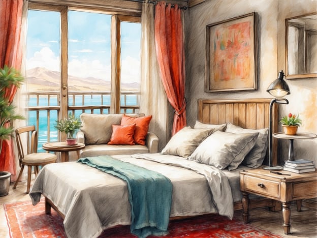 Auf dem Bild ist ein gemütliches Zimmer mit einem Bett, einem kleinen Tisch und einer Sitzecke zu sehen. Große Fenster bieten einen Blick auf das Wasser und die Landschaft. Die Einrichtung ist warm und einladend, mit einem Hauch von Komfort, ideal für erholsame Ferien. Die Farben und das natürliche Licht schaffen eine entspannende Atmosphäre, perfekt für einen entspannten Aufenthalt.