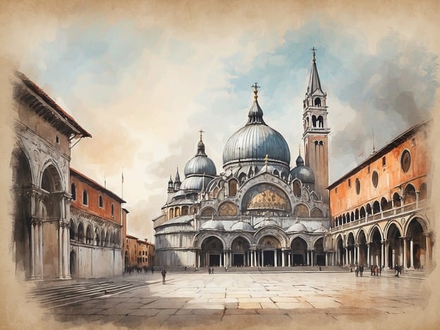 Auf dem Bild ist die beeindruckende Basilika San Marco in Venedig zu sehen. Die gotisch-byzantinische Architektur mit ihren hohen Kuppeln und den kunstvoll verzierten Fassaden vermittelt eine mystische Atmosphäre. Die sanften Farben und die sanfte Beleuchtung des Himmels verleihen der Szenerie eine träumerische Qualität. Menschen schlendern über den Platz, während die prunkvollen Details der Basilika im Vordergrund hervortreten, was den Besucher in die Geschichte und Kultur Venedigs eintauchen lässt.