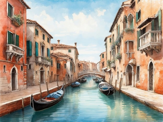 Auf dem Bild ist eine typische venezianische Landschaft zu sehen, die durch schmale Kanäle und farbenfrohe Häuser geprägt ist. Diese Architektur spiegelt die Geschichte Venedigs wider, das im Mittelalter und in der Renaissance zu einem bedeutenden Handels- und Kulturzentrum wurde. Die Venezianer verwendeten Boote, insbesondere Gondeln, um sich fortzubewegen, da die Stadt auf Wasser gebaut ist. Die Verbindung von Wasser und Architektur ist entscheidend für das einzigartige Erbe Venedigs, das bis heute Touristen aus aller Welt anzieht. Die sanften Farben des Bildes vermitteln die malerische Schönheit der Stadt, die für ihre romantischen Kanäle und historischen Gebäude bekannt ist.