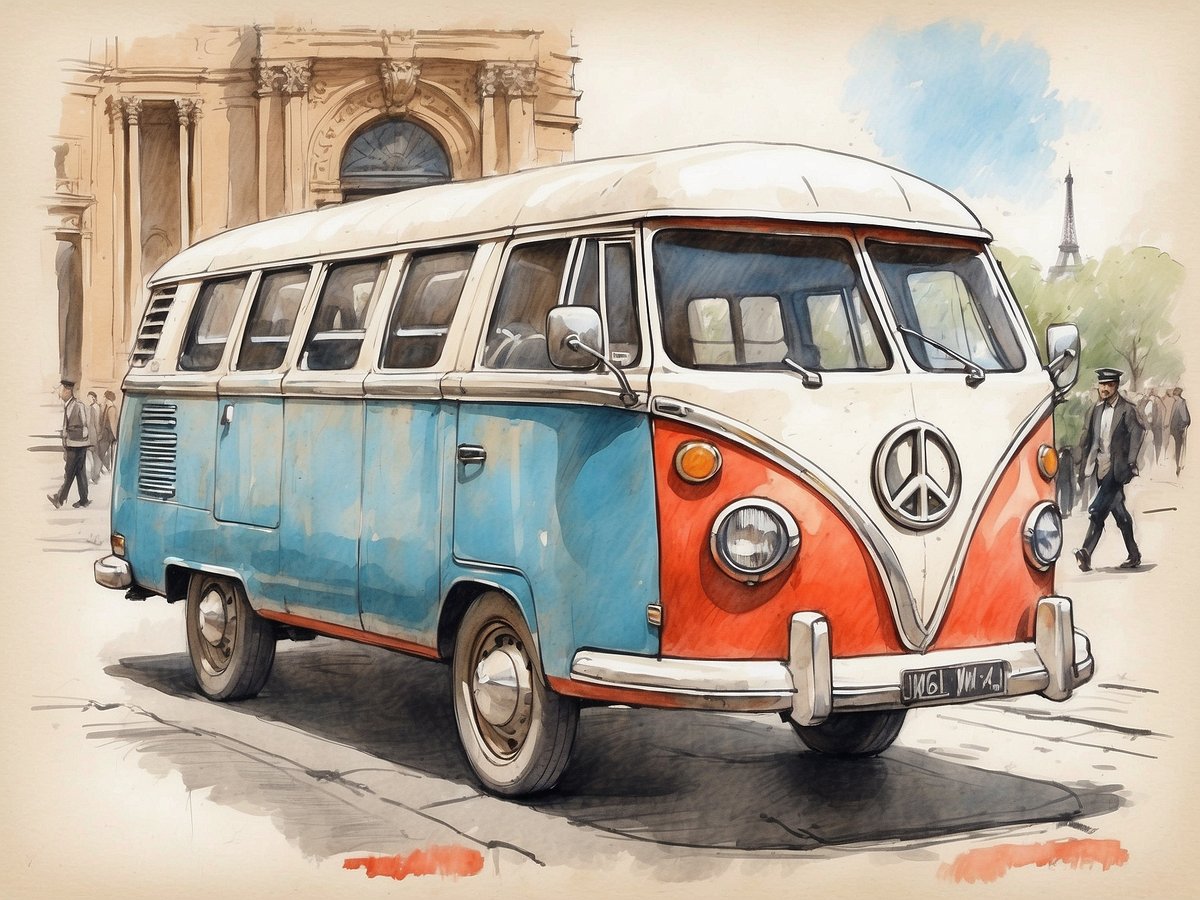 Ein stilisierter Volkswagen Bulli in Farben Blau und Rot steht auf einer Straße vor historischen Gebäuden. Im Hintergrund sind Passanten zu sehen, die in Richtung eines monumentalen Bauwerks und des Eiffelturms gehen. Der Bulli trägt ein Peace-Zeichen auf der Vorderseite und strahlt einen nostalgischen Charme aus, während die Umgebung von einer typischen städtischen Atmosphäre geprägt ist.