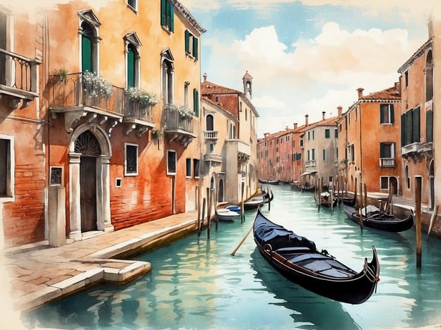 Auf dem Bild ist eine malerische Szene aus Venedig zu sehen. Es zeigt einen ruhigen Kanal, gesäumt von charakteristischen venezianischen Häusern mit bunten Fassaden und grünen Fensterläden. In dem Wasser schwimmen typische Gondeln, die für Venedig so emblematisch sind. Diese Szenerie lädt dazu ein, die Schönheit Venedigs zu entdecken, mit seinen romantischen Kanälen und der einzigartigen Architektur.