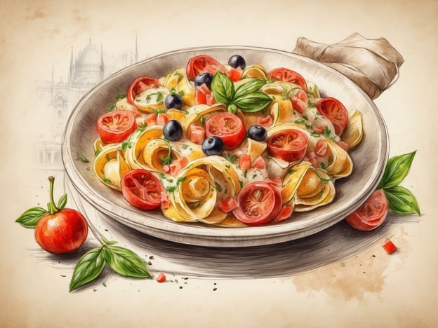 Auf dem Bild ist eine appetitliche Pastaspeise zu sehen, die für die kulinarischen Erlebnisse in Venetien typisch sein könnte. Die Pasta ist mit frischen Tomaten, Oliven und Basilikum garniert, was an die mediterrane Küche der Region erinnert. In Venetien sind frische Zutaten und einfache, jedoch geschmackvolle Zubereitungen sehr geschätzt. Diese Kombination aus Pasta und Gemüse spiegelt die Aromen und Traditionen der venetianischen Küche wider, wo oft lokale Produkte der Saison verwendet werden. Zudem wäre ein solches Gericht perfekt für ein entspanntes Abendessen mit Blick auf die malerischen Kanäle Venedigs.