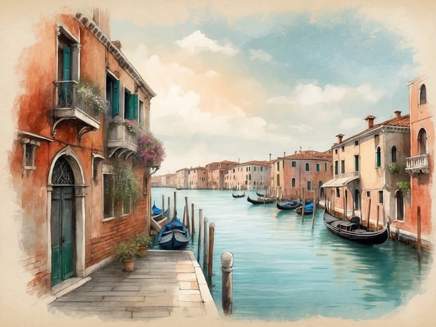 Auf dem Bild ist eine malerische Szene aus Venedig zu sehen, die die geheimnisvolle Lagune widerspiegelt. Alte, farbige Gebäude mit Fensterläden und Blumen schmücken die Uferpromenade. Mehrere Gondeln und Boote liegen ruhig im Wasser, während sanfte Wellen durch die Lagune gleiten. Der Himmel ist licht und freundlich, was die romantische Atmosphäre der Stadt unterstreicht.