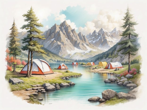 Auf dem Bild sind verschiedene Zelte zu sehen, die in einer malerischen Landschaft am Wasser aufgestellt sind, umgeben von Bergen und Bäumen. Diese Szenerie spiegelt die Vielfalt von Campingplätzen in Venetien wider, wo man von familiären Campingplätzen am Strand bis hin zu ruhigen Plätzen in den Bergen wählen kann. Die Kombination aus Natur, Wasser und Bergen ist charakteristisch für viele Campingmöglichkeiten in dieser Region und bietet ideale Bedingungen für Naturliebhaber und Abenteurer.