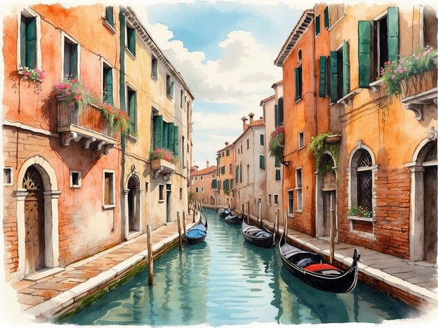 Auf dem Bild ist ein malerischer Kanal in Venedig zu sehen, der von bunten, typisch venezianischen Gebäuden gesäumt ist. Die Fassaden sind in warmen Farben gehalten und liebevoll mit Blumen verziert. Im Kanal liegen mehrere Gondeln, die auf das sanfte Wasser schaukeln. Diese Szenerie lädt dazu ein, die Schönheit von Venetien zu entdecken, indem man durch die engen Gassen schlendert und die charmante Atmosphäre dieser einzigartigen Stadt genießt.