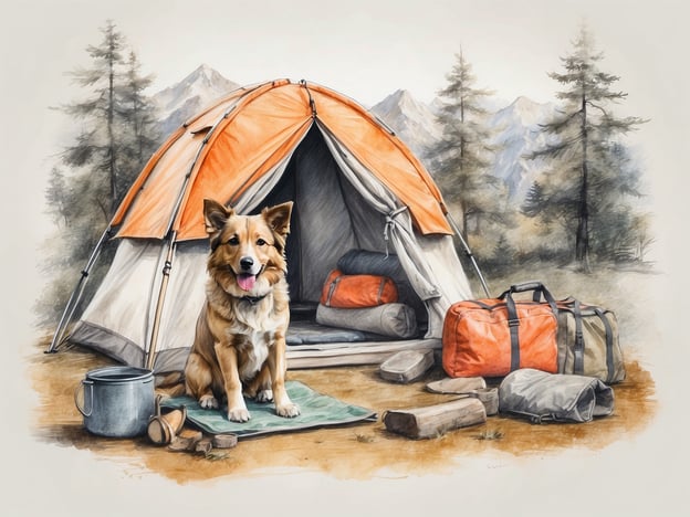 Auf dem Bild ist ein Zelt in der Natur zu sehen, vor dem ein Hund sitzt. Das Zelt ist orange und grau, und es gibt einige Utensilien wie Taschen und Wasserbehälter in der Nähe. Die Umgebung sieht nach einem malerischen, bewaldeten Gebiet aus.

Hier sind einige Tipps für einen stressfreien Campingurlaub mit Hund:

1. **Vorbereitung:** Überprüfen Sie, ob der Campingplatz hundefreundlich ist. Planen Sie die Anreise und denken Sie an eine geeignete Transportmöglichkeit für Ihren Hund.

2. **Essentials mitbringen:** Packen Sie Hundefutter, Wasser, Näpfe, eine Leine und ein bequemes Hundebett ein. Vergessen Sie auch nicht Spielsachen zur Beschäftigung.

3. **Hygiene:** Nehmen Sie ausreichend Kotbeutel mit, um die Umgebung sauber zu halten. 

4. **Sicherheit:** Achten Sie darauf, dass Ihr Hund ID-Tags trägt und idealerweise chippen lassen. Halten Sie ihn an der Leine, besonders in der Nähe von Wildtieren.

5. **Wetter beachten:** Stellen Sie sicher, dass Ihr Hund nicht zu heiß oder zu kalt wird. Suchen Sie gesunde, schattige Plätzchen auf und bieten Sie oft Wasser an.

6. **Aktivitäten planen:** Integrieren Sie kurze Wanderungen oder Spiele in den Tagesablauf, damit Ihr Hund genug Bewegung bekommt.

7. **Ruhiger Rückzugsort:** Sorgen Sie dafür, dass Ihr Hund einen ruhigen Platz im Zelt hat, wo er sich zurückziehen kann. 

Mit diesen Tipps können Sie und Ihr Hund einen entspannten Campingurlaub genießen!