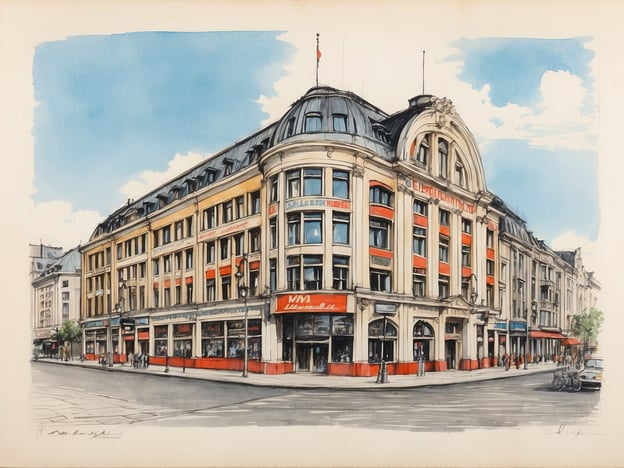 Auf dem Bild ist ein architektonisches Gebäude zu sehen, das eine elegante Fassade mit einer Mischung aus historischen und modernen Elementen aufweist. Die Darstellung vermittelt eine Atmosphäre von urbanem Leben, mit Menschen, die sich um das Gebäude bewegen. 

Wenn wir die Geschichte des Alstertal Einkaufszentrums in Betracht ziehen, lässt sich sagen, dass es eines der ersten großen Einkaufszentren in Deutschland war und 1970 eröffnet wurde. Es spielte eine zentrale Rolle in der Entwicklung des Einzelhandels in der Region Alstertal und hat sich im Laufe der Jahre zu einem beliebten Ziel für Einkäufe und Freizeitaktivitäten entwickelt. Die Architektur und das Design des Einkaufszentrums reflektieren das Bestreben, einen einladenden Raum für Konsumenten zu schaffen, ähnlich wie auf dem dargestellten Bild. 

Es zeigt, wie wichtig solche Gebäude als soziale und kulturelle Treffpunkte in städtischen Umgebungen sind.