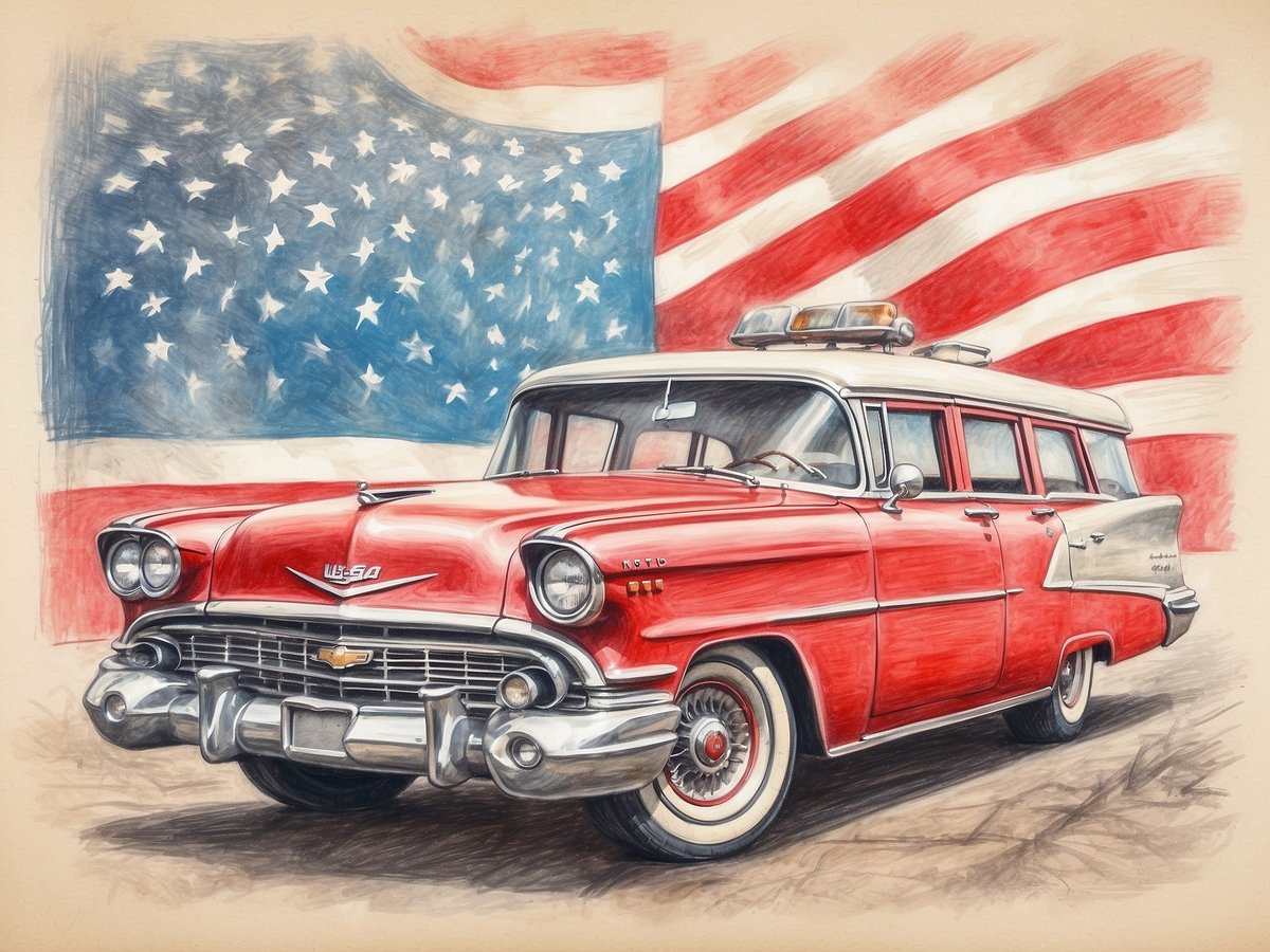 Ein klassisches rotes Fahrzeug, ein Chevrolet von 1958, steht vor einer amerikanischen Flagge mit blauen und roten Streifen sowie weißen Sternen. Das Auto hat einen nostalgischen Look mitchromierten Details und weißen Reifen. Im Hintergrund ist die Flagge so angeordnet, dass sie den patriotischen Charakter des Bildes unterstreicht.