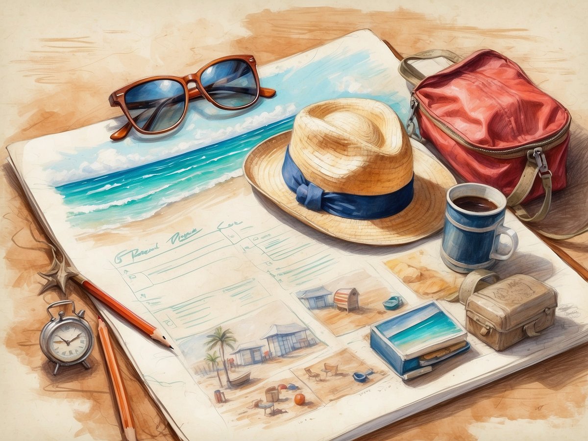 Auf dem Bild sind verschiedene Gegenstände zu sehen, die mit einem Strandurlaub in Verbindung stehen. Ein offenes Notizbuch liegt auf dem Tisch und zeigt eine Übersicht mit einem Strand-Plan. Darüber liegen eine Sonnenbrille, ein Strohhut und eine rote Tasche. Neben dem Notizbuch stehen eine kleine Kaffeetasse sowie ein antiker Wecker. Auf dem Tisch befinden sich auch zwei Buntstifte und eine kleine Box mit Urlaubsbildern. Im Hintergrund ist ein schöngemalter Strand mit sanften Wellen zu sehen.